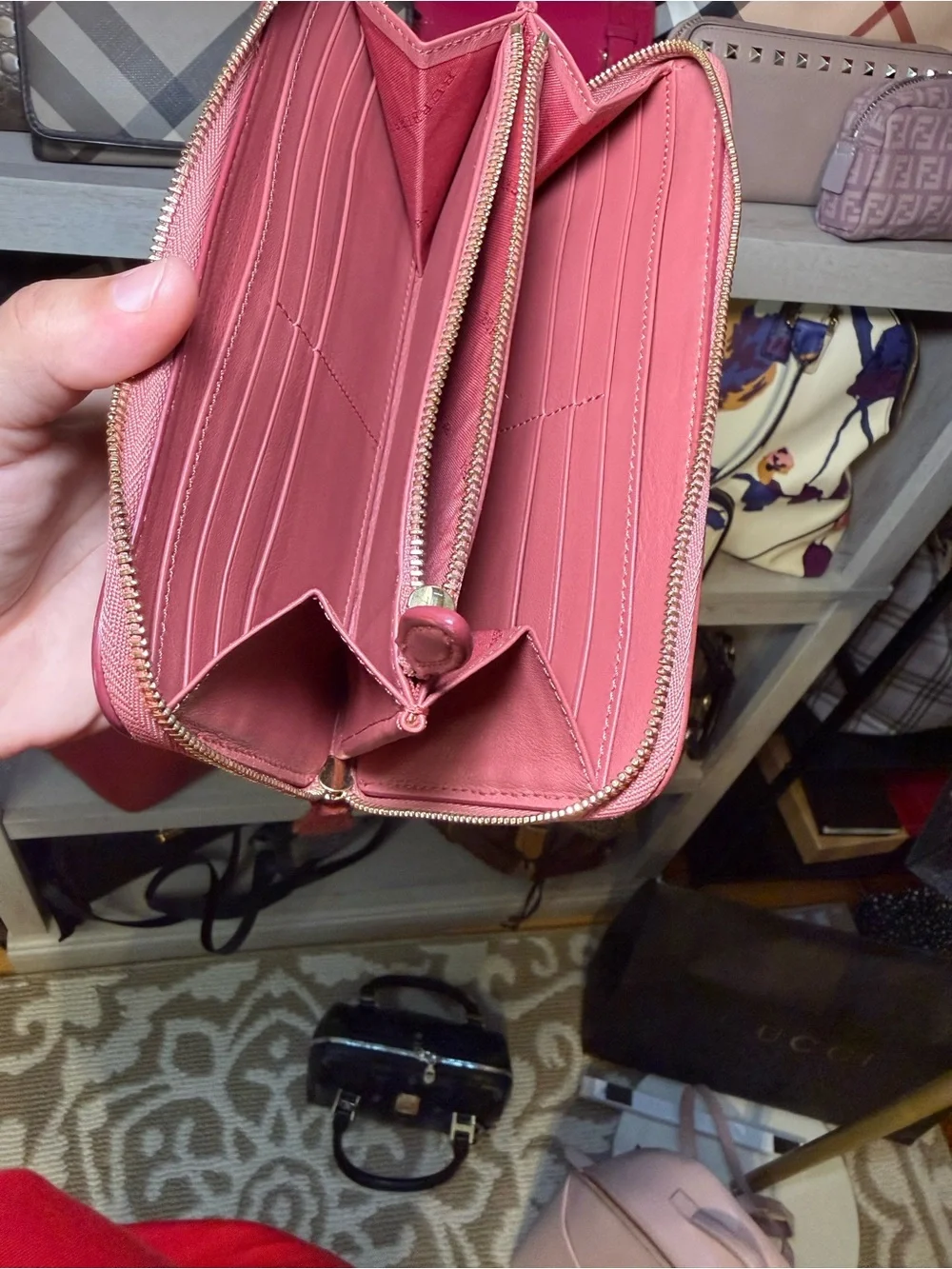Burberry Pink Leather & Vintage Check Zip Wallet